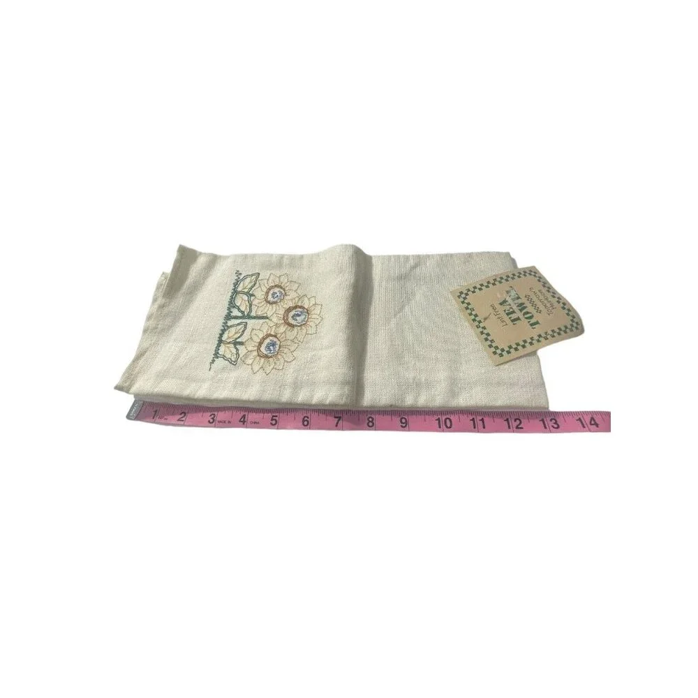 NOS Vintage‎ Lint Free Hand Tea Towel Embroidered Floral Sunflower Tan Beige